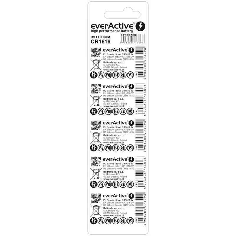 Monetinis elementas everActive CR1616 3V, 50 mAh, 16 mm — pakuotėje 5 vnt.