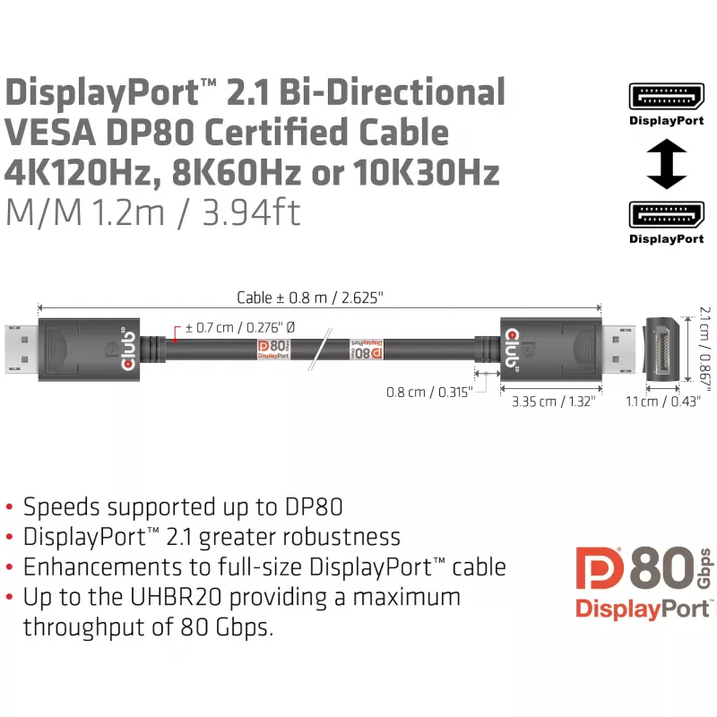 CLUB3D DisplayPort 2.1 dvikryptis VESA DP80 sertifikuotas laidas 4K240Hz, 8K60Hz arba 10K30Hz M/M 1,2 m / 3,94 pėd.