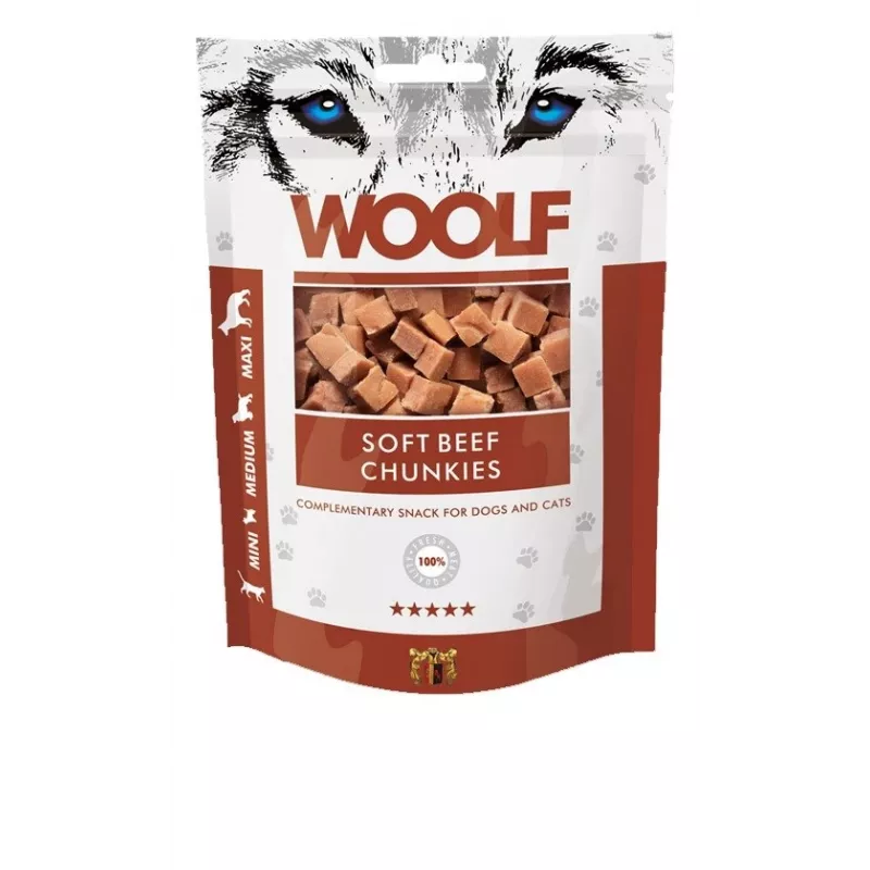 WOOLF Soft Beef chunkies - jautienos skanėstai šunims ir katėms - 100 g