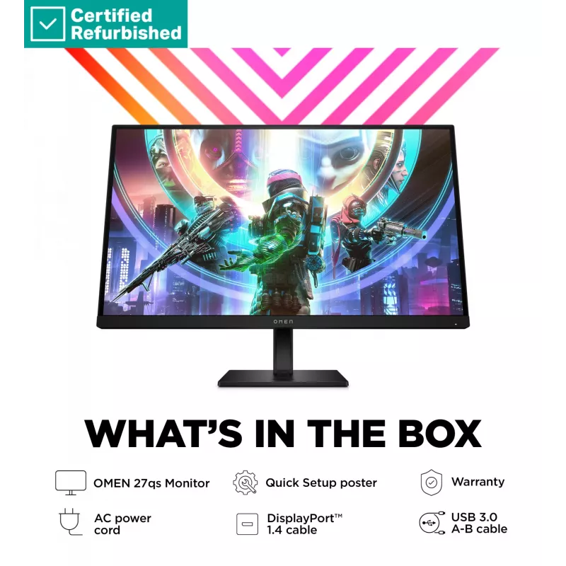 RENEW Sidabrinė OMEN by HP 27qs QHD žaidimų monitorius - 27 2560x1440 QHD 400-nit 240Hz AG, IPS, 2x HDMI/DisplayPort, 2x USB-A, garsiakalbiai, aukščio reguliavimas/pakreipimas/pasukimas, 1 metai