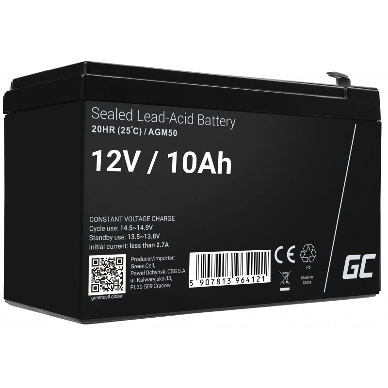 UPS baterija Green Cell AGM50 12 V 10 Ah VRLA AGM, 65×151×95 mm, 2,45 kg, juoda