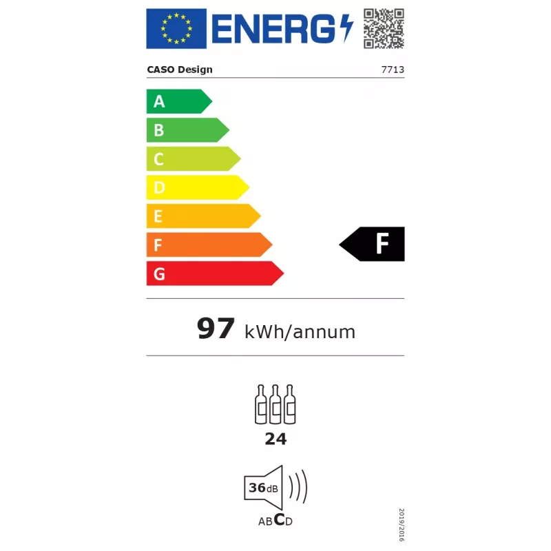 Įmontuojamas vyno aušintuvas Caso WineDeluxe WD 24 — 24 butelių talpa, F energinio naudingumo klasė, juodas