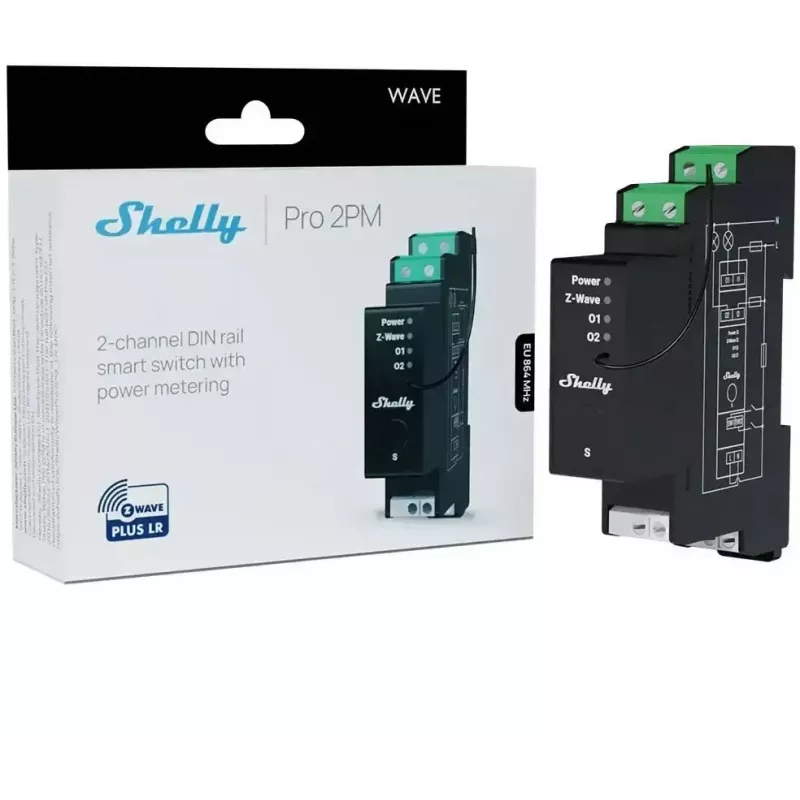 Shelly Wave Pro 2PM LR dviejų kanalų Z-Wave DIN bėgelio valdiklis