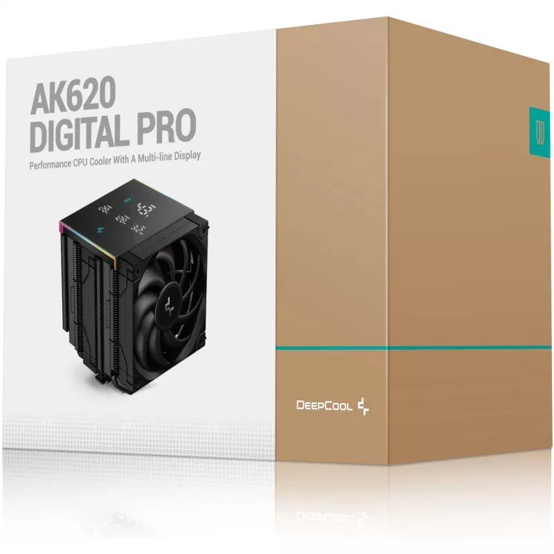 Oro aušintuvas DeepCool AK620 Digital PRO — 120 mm ventiliatorius, 1750 RPM, 25 dB, 12 V, tinkamas LGA1700/AM5, juodas