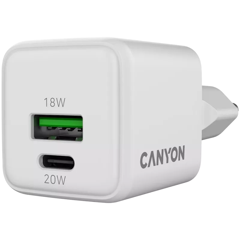 Canyon Charger CU20AC GaN 20W PD, 2 prievadai (USB-A/USB-C) WH mažmeninė prekyba (CNS-CUW20AC)