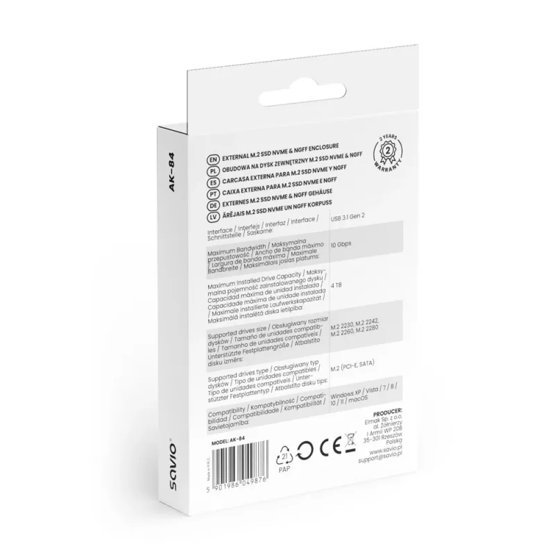 SSD dėklas SAVIO AK-84 juodas M.2 diskams, USB 10 Gbit/s (Type-A / Type-C), aliuminis + ABS