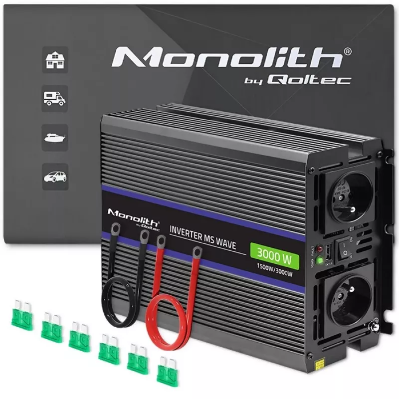 Galios keitiklis QOLTEC Monolith 3000 MS Wave, 12 V → 230 V, 1500/3000 W, su USB