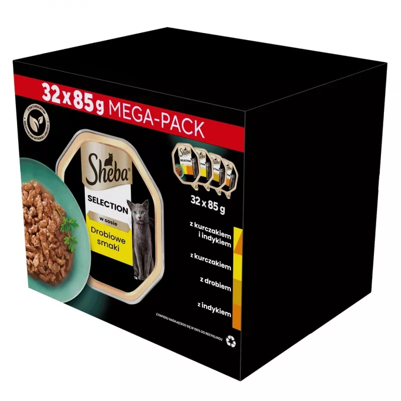 Šlapias kačių maistas Sheba padėkle padaže Paukštiena (vištiena, kalakutiena) 32 x 85 g padėklai