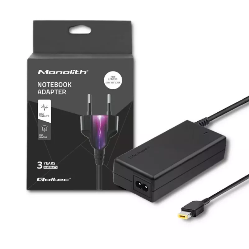Maitinimo adapteris nešiojamam kompiuteriui Qoltec Lenovo 45W 20V 2,25A Slimtip + kaištis 50098.45W