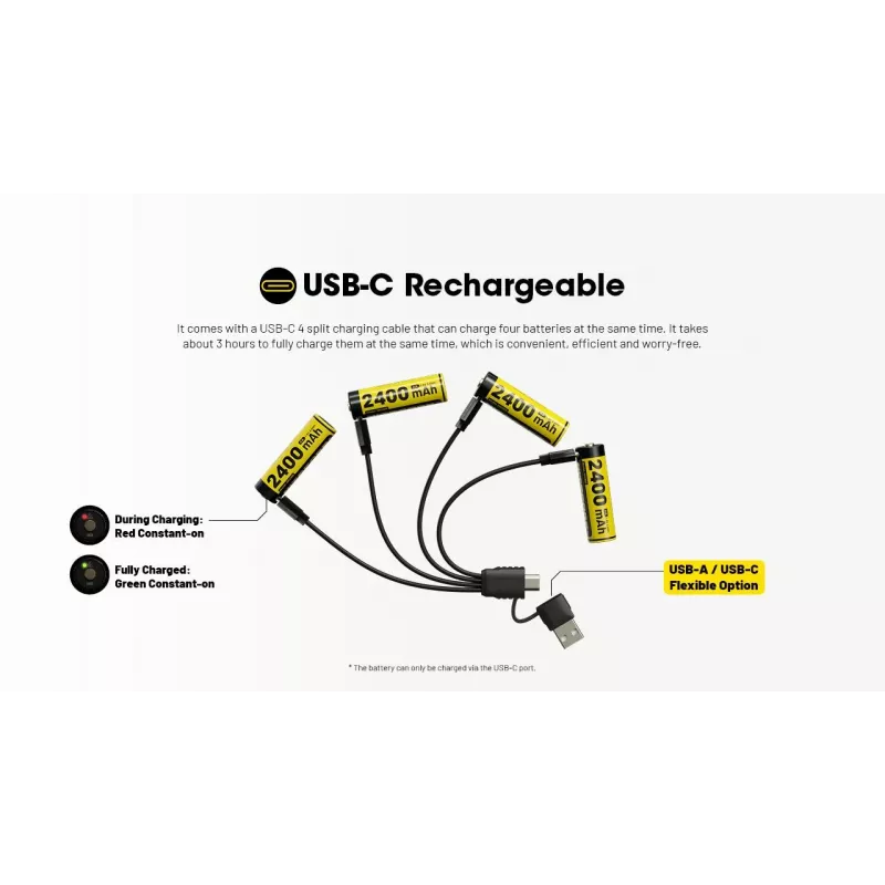 Įkraunamas ličio jonų AA 1,5 V baterijų rinkinys Nitecore NH2400 2400 mAh — 4 vnt. pakuotė