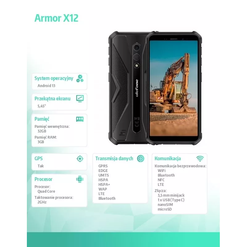 Atsparus išmanusis telefonas UleFone Armor X12 — 3GB RAM, 32GB atminties, visiškai juodas