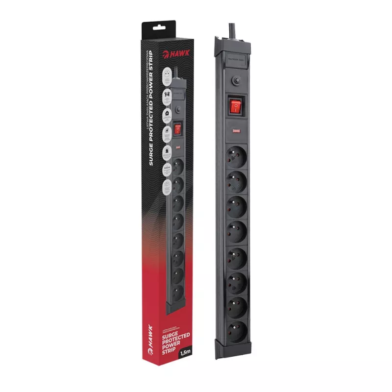 Apsaugos nuo viršįtampių juosta Hawk HWPS801BK 1,5 m maitinimo kabelis, modelis HWPS801BK