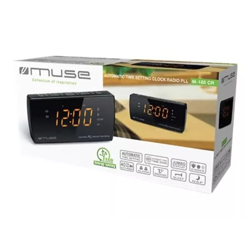 Radijo laikrodis Muse M-185 CR — FM/MW, 0,9 colio LED ekranas, AC 230V su AAA baterijų atsarginiu maitinimu, juodas