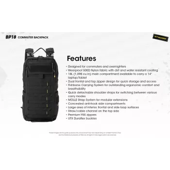 Keliautinė kuprinė Nitecore BP18 — juoda nailono/poliesterio, 240×160×470 mm