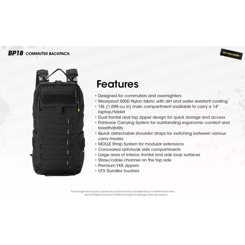 Keliautinė kuprinė Nitecore BP18 — juoda nailono/poliesterio, 240×160×470 mm