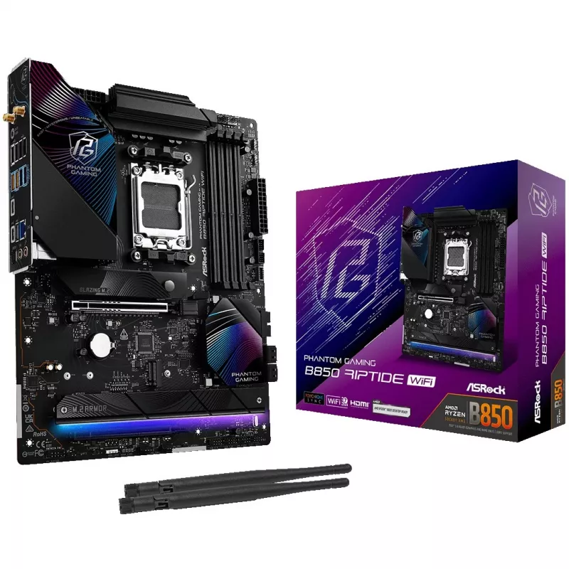 Pagrindinė plokštė ASRock Phantom Gaming B850 Riptide WiFi — AMD B850, Socket AM5, ATX, DDR5, 4x M.2, Wi‑Fi 7, 2.5Gb LAN