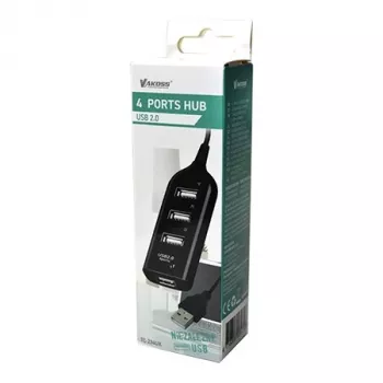 VAKOSS USB šakotuvas TC-234UX — 4 prievadų USB 2.0 šakotuvas, nuolatinės srovės maitinimas (5 V, 1 A), juodas