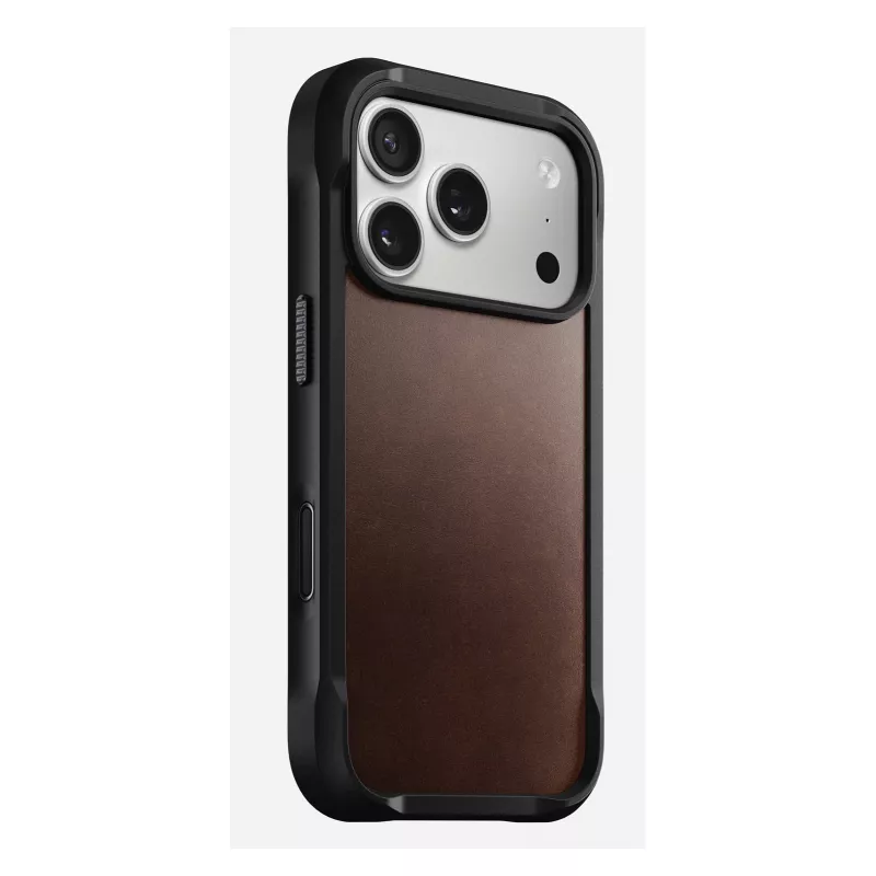 Mobiliojo telefono dėklas Nomad Rugged Leather Case, skirtas iPhone 17 Pro, 6,3 colio (16 cm), rudas, oda/TPU/aliuminis