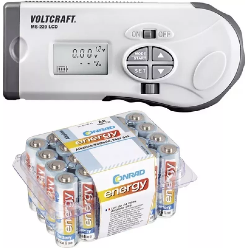 VOLTCRAFT Baterijų testeris MS-229 LCD + Conrad energy šarminių mignon baterijų rinkinys 24 vnt.