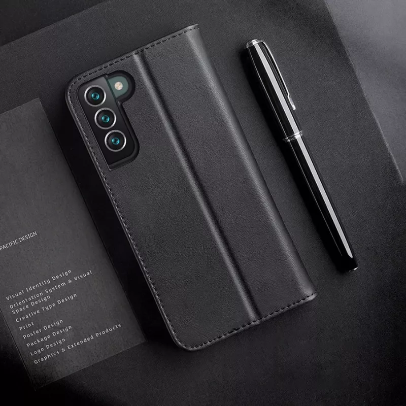 Dux Ducis Dux Ducis Hivo odinis dėklas su atvartu natūralios odos piniginė kortelėms ir dokumentams Samsung Galaxy S22+ (S22 Plus) juoda