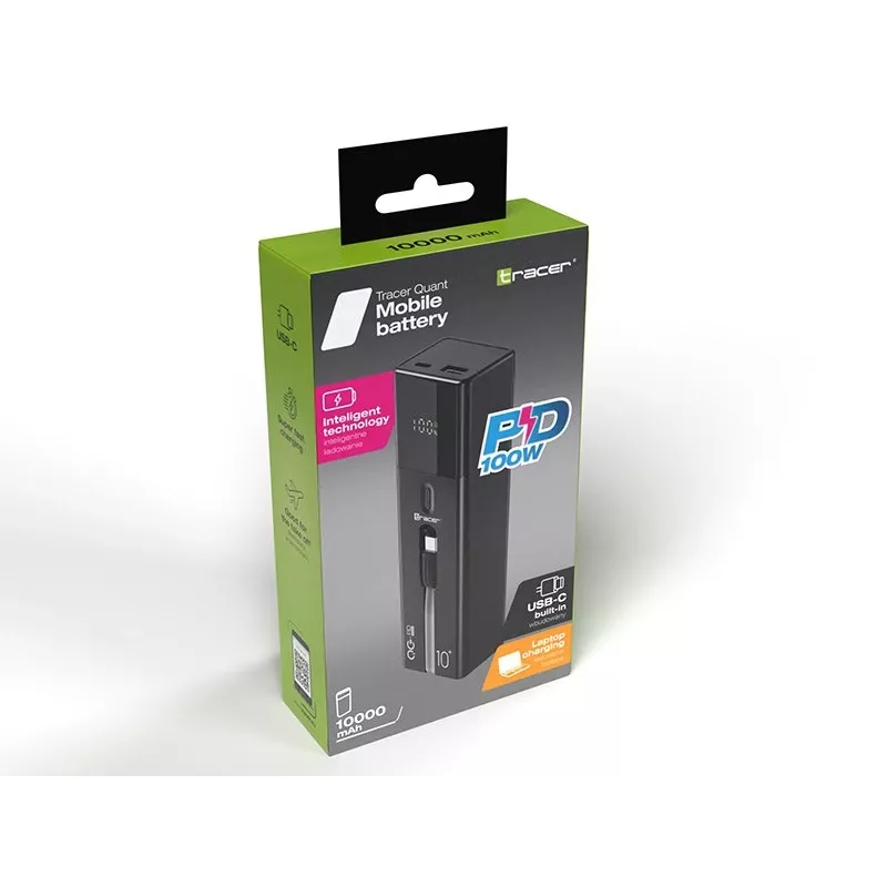 Nešiojama išorinė baterija TRACER Quant 10000 mAh Li-Ion, PD ir QC3.0, 3 prievadai (2×USB-C, 1×USB-A), 100W, juoda