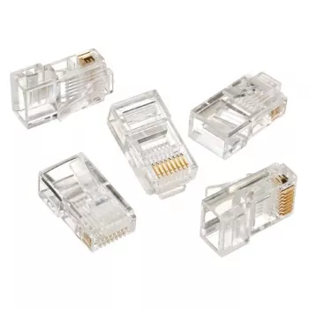 Modulinis 8P8C kištukas kietam LAN kabeliui CAT5, UTP, 10 vnt. maišelyje | Modulinis 8P8C RJ45 kištukas, 30 µ″ auksuotas, 3 šakų vidiniai kontaktai naudojimui su kietais LAN kabeliais