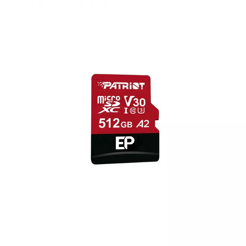 MicroSDXC atminties kortelė PATRIOT 512GB V30 U3 Class 10, skaitymo greitis 90 MB/s, rašymo greitis 80 MB/s, su rašymo apsaugos jungikliu