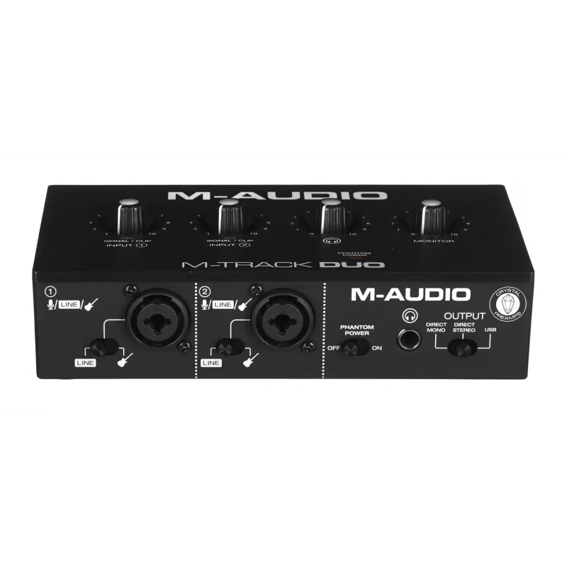 Garso sąsaja M-Audio M-Track Duo — USB 2 į/2 iš, 16 bitų/48 kHz, 1x XLR/TS kombinuotas, 1x instrumento įvestis, fantominis 48 V