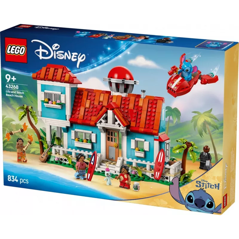 LEGO rinkinys Disney 43268 Paplūdimio namas — modulinis namo modelis, 834 dalys, 5 minifigūrėlės, amžius 9+