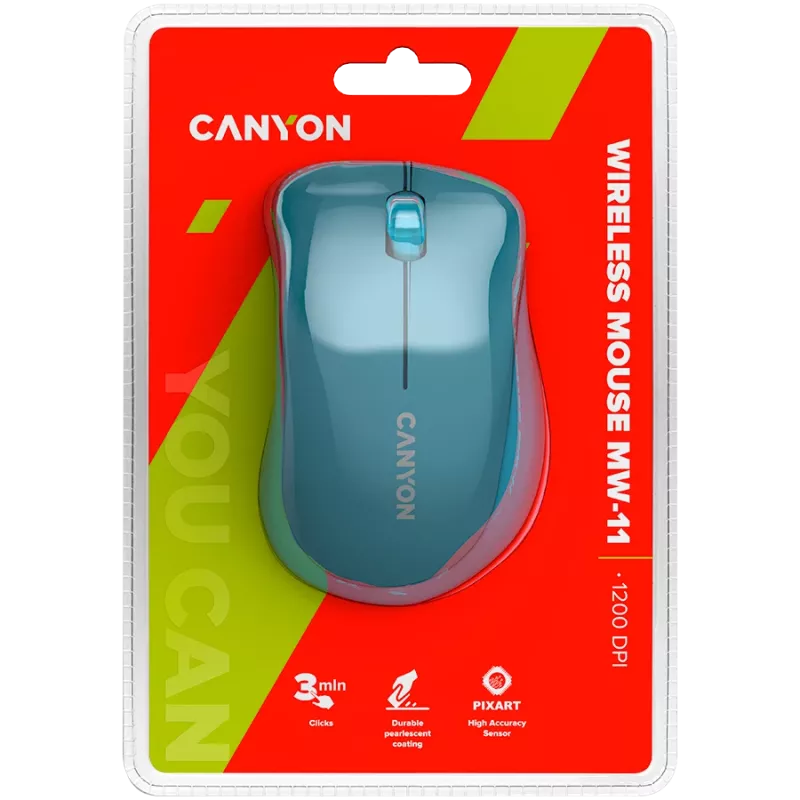 CANYON MW-11, 2,4 GHz belaidė pelė, su 3 mygtukais, 1200 DPI, Baterija: AAA*2 vnt., Mėlyna 67*109*38 mm 0,063 kg