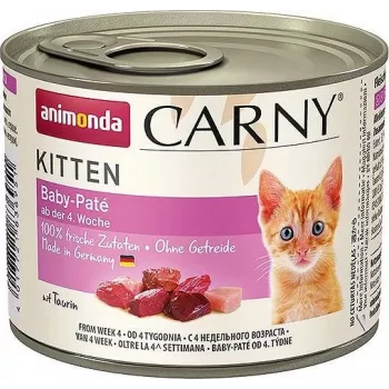 Šlapias kačių ėdalas animonda Carny Baby Paté 200 g – jautiena ir vištiena, be grūdų, kačiukų formulė, lengvai atidaroma skardinė