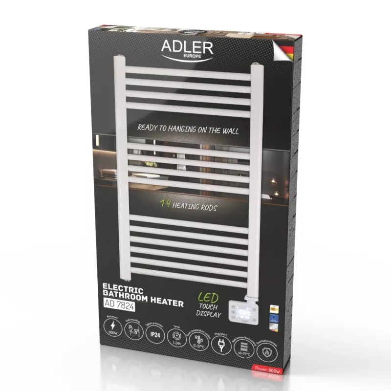 Vonios elektrinis radiatorius Adler AD 7824 600 W, baltas, IP24, montuojamas ant sienos, 500×900 mm