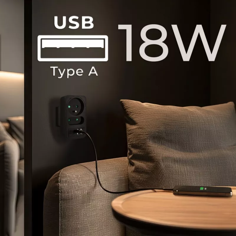 Maitinimo skirstytuvas MACLEAN MCE249 F/B — 2 kintamosios srovės lizdai (16A + 6A) su 2×USB-A ir 2×USB-C PD 20W, EU kištukas, juodas