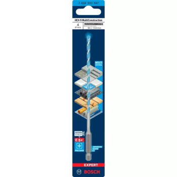 Grąžtas Bosch Expert HEX-9 Multi Construction 4 mm — SDS tipo šešiabriaunis kotas mūrijimui ir kelių medžiagų gręžimui