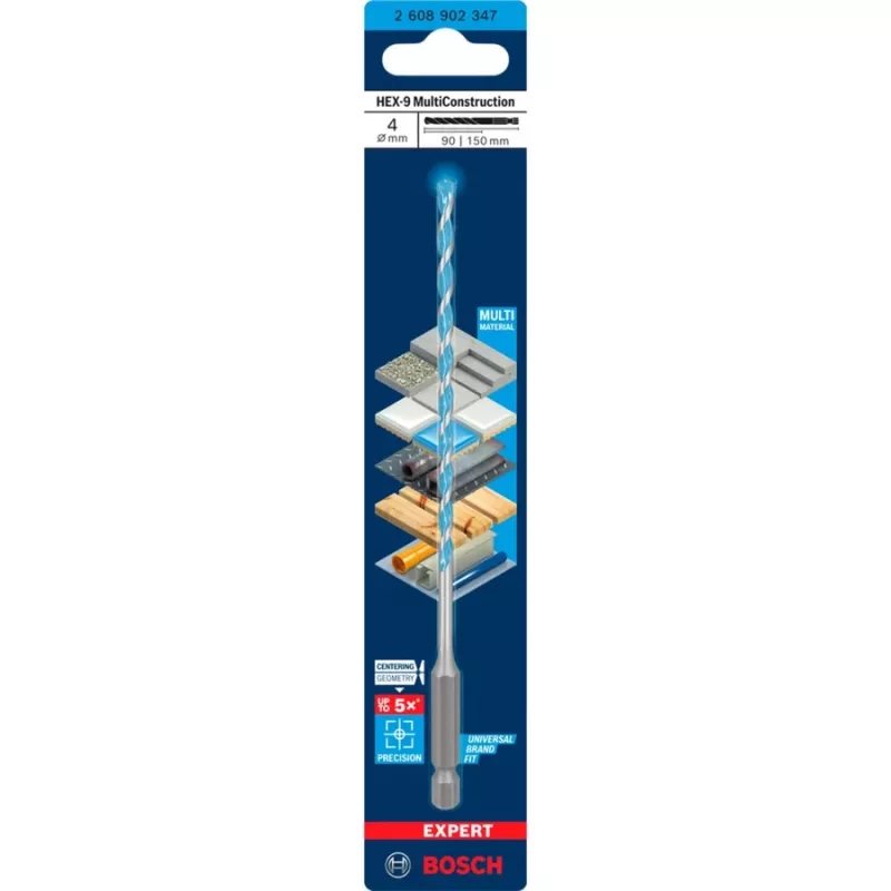 Grąžtas Bosch Expert HEX-9 Multi Construction 4 mm — SDS tipo šešiabriaunis kotas mūrijimui ir kelių medžiagų gręžimui