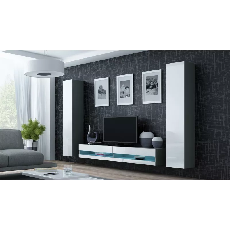 TV staliukas Cama Meble VIGO NEW 30/140/40 — 1400×400×300 mm, pilkas viršus, medžio drožlių plokštė, pilkas rėmas, balti blizgūs fasadai