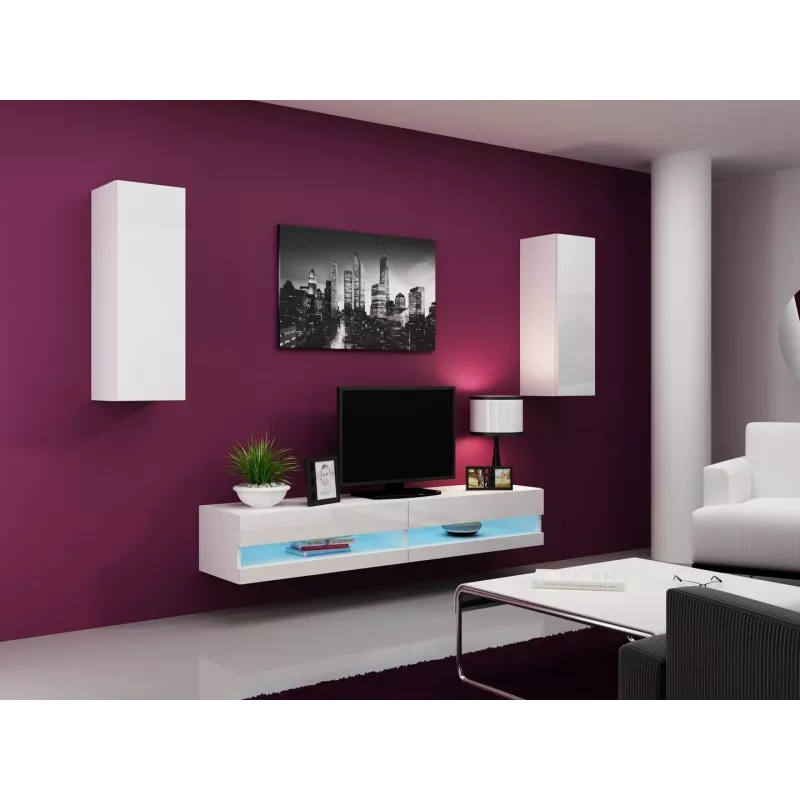 TV staliukas cama meble VIGO NEW 30/180/40, balta blizgi viršutinė dalis, medienos drožlių plokštė, 1800×400×300 mm