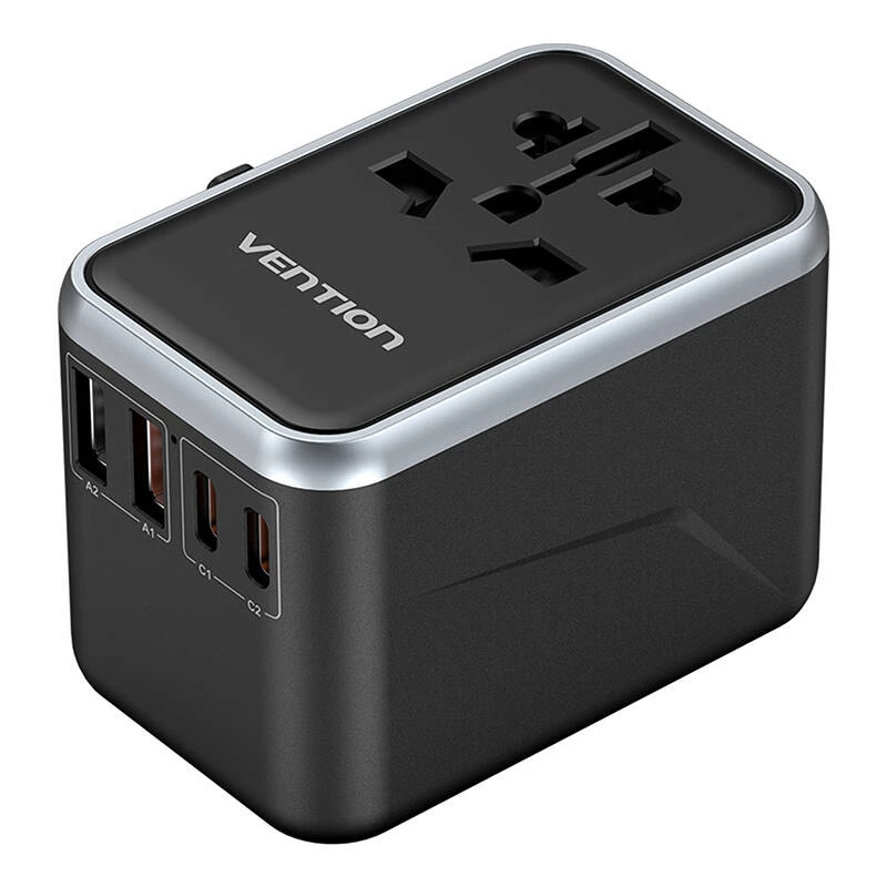 Vention kelioninis maitinimo adapteris FJFB0 65W — 2× USB-C PD/PPS, 2× USB-A (QC/BC), HDMI išvestis, aliuminis/juodas