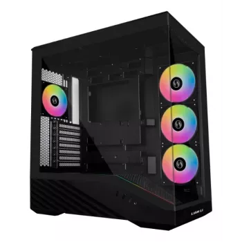 Kompiuterio korpusas Lian Li Vector V100 Midi Tower — juodas su permatomu skydeliu, palaiko 3×120 mm šoninius + 1×120 mm galinį ventiliatorius, 3,5 colio HDD, 2,5 colio SSD, 235,5×446×484,6 mm