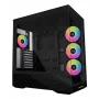 Kompiuterio korpusas Lian Li Vector V100 Midi Tower — juodas su permatomu skydeliu, palaiko 3×120 mm šoninius + 1×120 mm galinį ventiliatorius, 3,5 colio HDD, 2,5 colio SSD, 235,5×446×484,6 mm