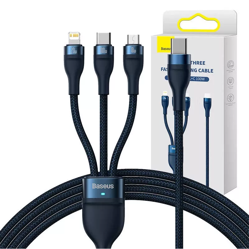 3in1 USB laidas Baseus Flash Series 2, USB-C + micro USB + Lightning, 100W, 1,5 m (mėlynas)