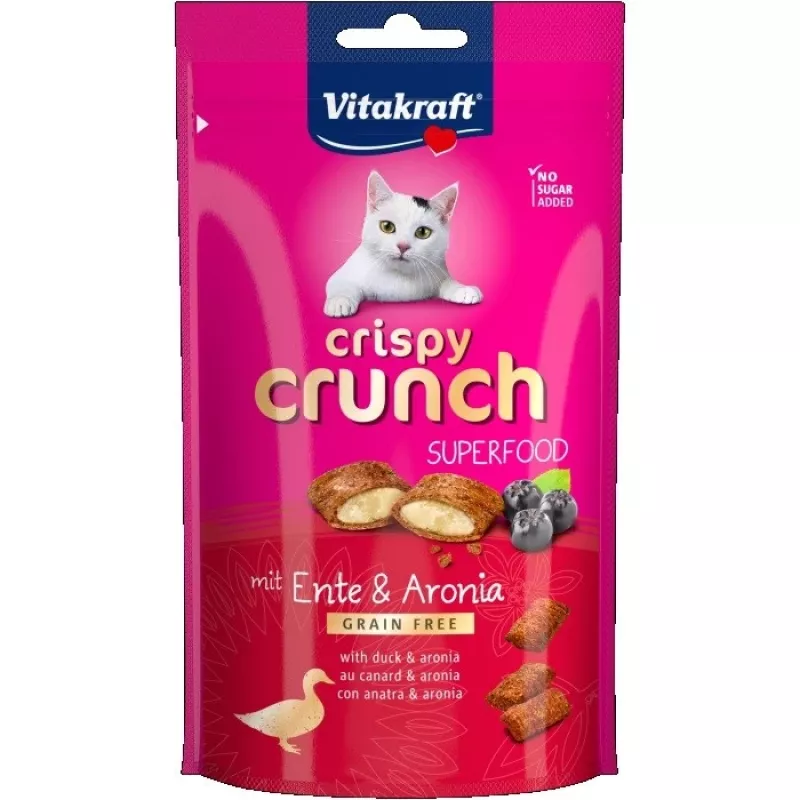 Kačių skanėstai Vitakraft Crispy Crunch Antis su aronija 60 g - traškus užkandis suaugusioms katėms