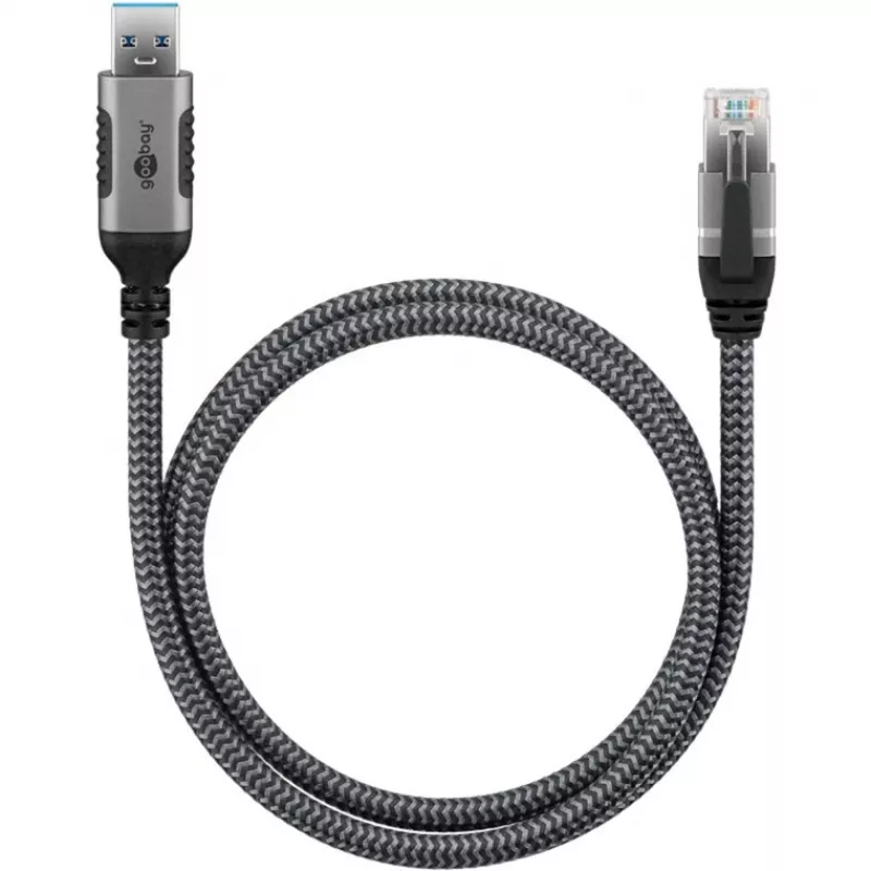 Wentronic goobay - Tinklo kabelis - USB A tipo (vyriškas) į RJ-45 (vyrišką) - 1,0 m - 6 mm - FTP - CAT 6 - USB 3.0 - pintas kabelis - juoda, sidabrinė (70299)