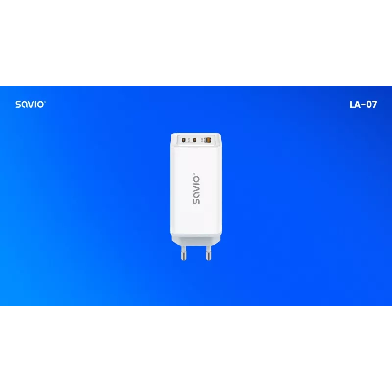 SAVIO LA-07 GaN 65W mains charger, USB, QC4.0+, PD 3.0, Balta