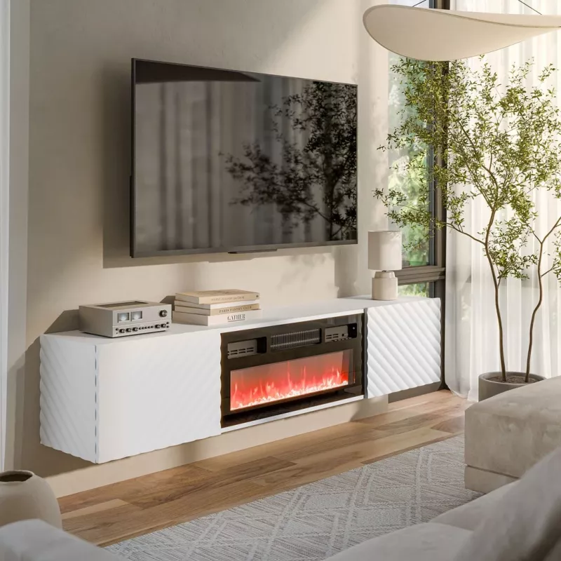 TV spintelė Cama Meble LARA 183x35x37 cm, baltas matinis viršus, baltas rėmas, juodas židinys