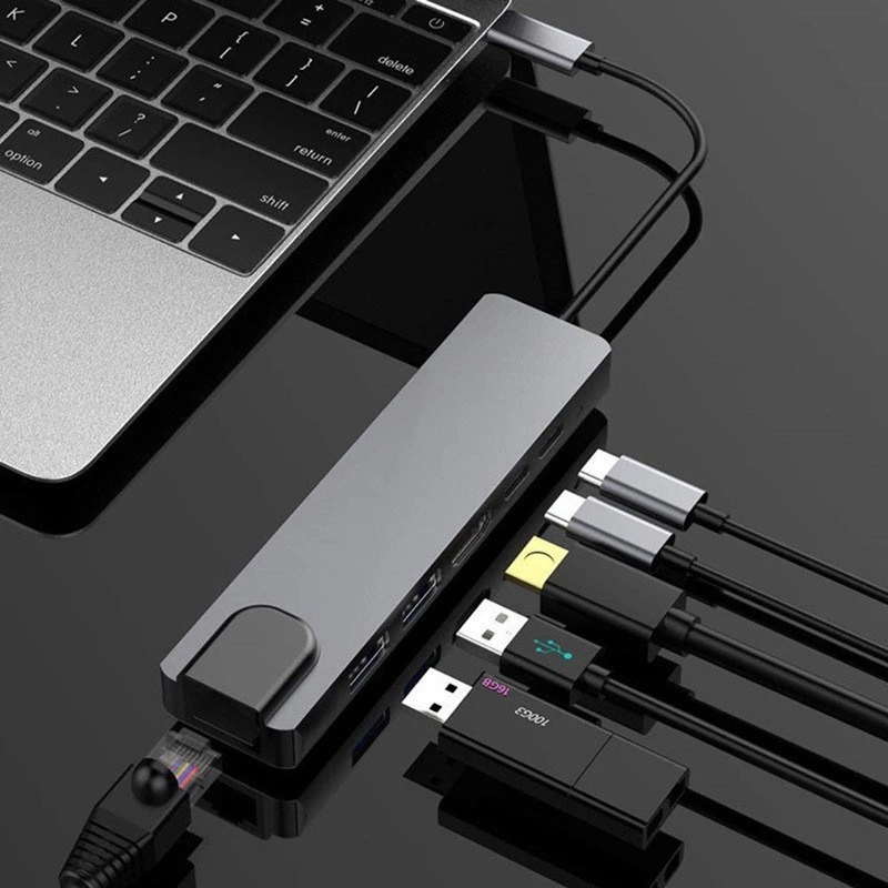GEMBIRD USB Type-C 6-in-1 kelių prievadų adapteris A-CM-COMBO5-06 — HDMI, PD 54W, Gigabit LAN, 2× USB-A, Type-C (5 Gbit/s)