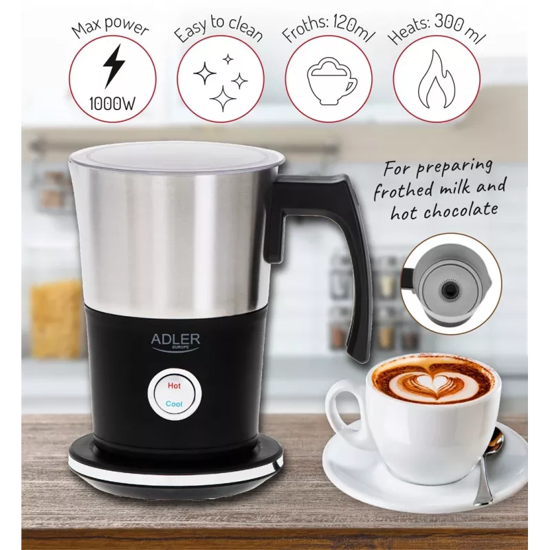 Automatinis pieno putotuvas Adler AD 4497 — nerūdijantis plienas, 600W, putos 120 ml / šildymas 300 ml, karštas ir šaltas