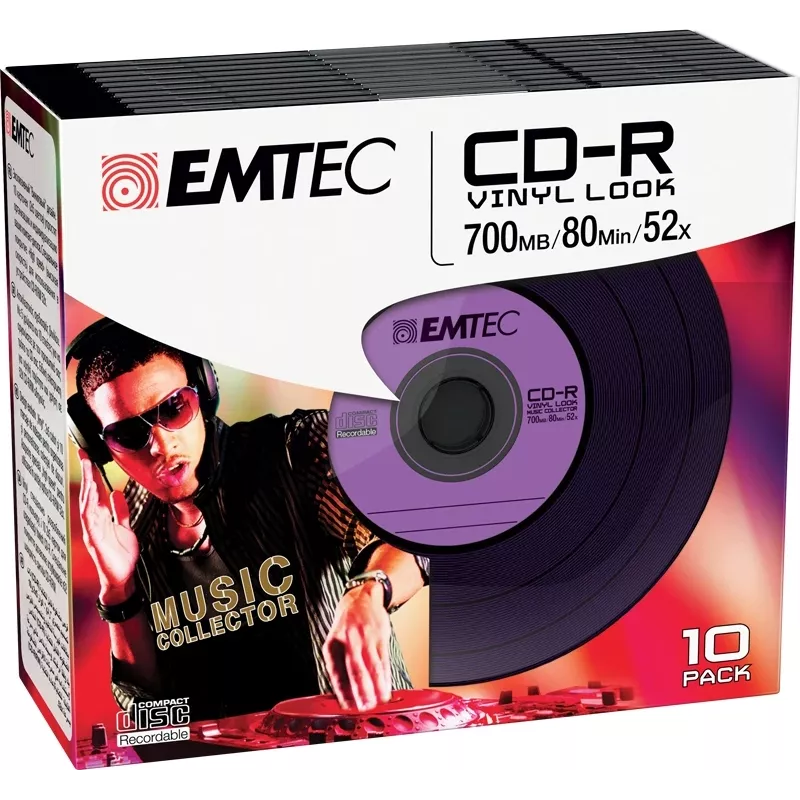EMTEC Vinyl Look - 10 x CD-R - 700 MB (80 min.) 52x - mėlyna, geltona, alyvinė, žalia, rožinė - plonas jewel dėklas