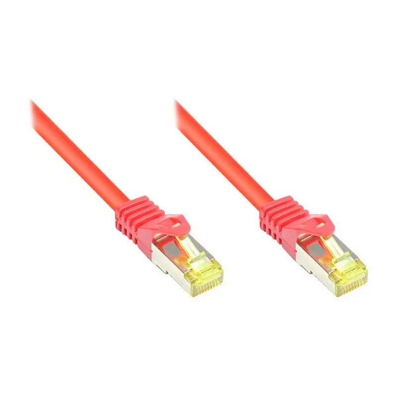 RJ45 komutacinis kabelis su Cat.7 neapdorotu kabeliu ir skląsčio apsauga (RNS®), S/FTP, PiMF, be halogenų, 600MHz, OFC, raudonas, 0,25m, Good Connections® (8070R-003R)