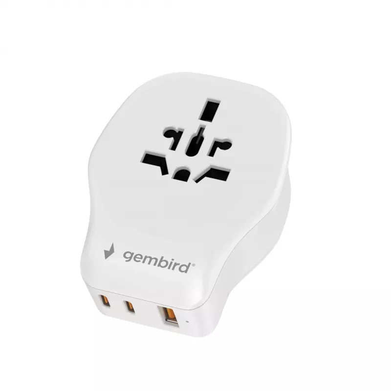 Sieninis kelioninis adapteris GEMBIRD TPA-1A2C20-02-W 20W — 1×USB-A + 2×USB-C, Type G kištukas, 100–250V, baltas